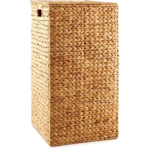 Laundry Hamper With Lid And Removable Liner Bag - Natural, Woven Water Hyacinth Square Laundry Basket Sorter For Clothes And Towels