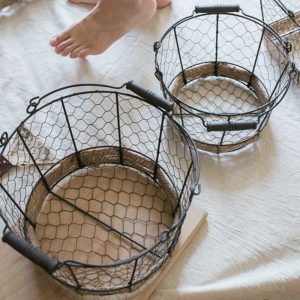 2pcs Set Vintage Iron Wire Storage Baskets with Wooden Handles - Rustic Farmhouse Decor, Multi-Purpose Organizer for Groceries & More