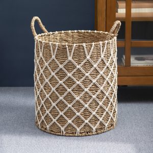 Round Water Hyacinth Woven Basket with Handles - 15" x 15" x 18.5" - Natural Brown - For Clothes, Towels, Canvas, Toys and Magazine Storage and Home Decoration