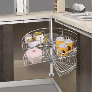 OUKANING 24inch Kidney Shaped Lazy Susan Corner Organizer, 2 Tier Metal Lazy Susan Turntable for Cabinet, 270?? Rotating Storage Shelf Rack, Adjustable Height 22-31inch, 2 Layers Shelf Kitchen Base Cabinet Corner Organizer Rack