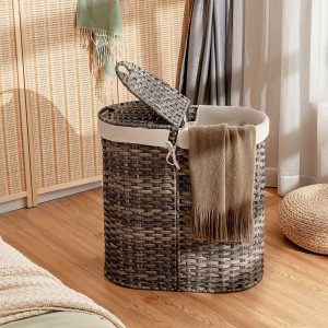 MULTIGOT Divided Laundry Hamper with Lid, Handwoven Laundry Basket, Rattan Clothes Hamper with 2 Removable Liner Bags & Cut-out Handles, Portable Clothes Sorter Bin for Laundry Room, Bathroom & Bedroom