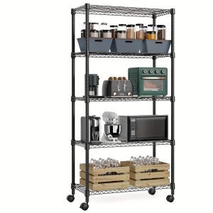 MZG 5 Tier Storage Rack Metal Wire Shelving Unit With Wheels, Storage Standing Shelf Organizer For Laundry Bathroom Kitchen Pantry Closet Garage Basement Office, Black 13.8" D X 29.5" W X 60.8" H