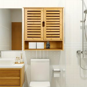 Wall Cabinet Storage Multifunctional Bamboo Wood Bathroom Kitchen Wall Cabinet with 3 Shelves Medicine Storage Organizer