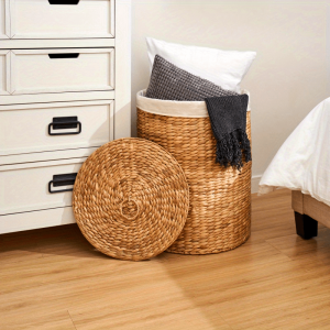 Round Tall Water Hyacinth Woven Wicker Laundry Hamper with Lid - For Clothes, Canvas, Toys and Book Storage with Removable Liner - 15" x 15" x 20" - Natural Brown