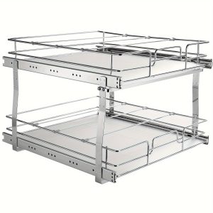 "VEVOR 2-Tier 16""W x 21""D Chrome-Plated Steel Pull-Out Pantry Shelves with Heavy-Duty Slide-Out Drawers for Kitchen, Bathroom, and Under Sink Storage"