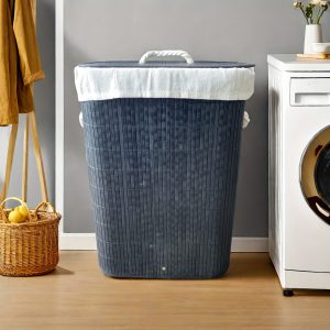 Casual Style Bamboo Laundry Basket with Lid, Collapsible Clothes Hamper, Rectangular Organizer for Living Room, Bedroom, Laundry Room