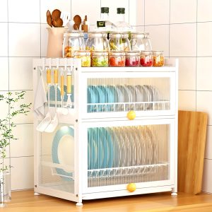 Sturdy 3-Tier Kitchen Dish Rack With Drawer-Style Shelf, 110 Lbs Capacity, Breathable Dust Cover, Holds 12+ Plates & 16 Bowls, Cutlery Organizer, Detachable Drip Tray, Storage Basket, And Utensil Holder For Efficient Kitchen Organization