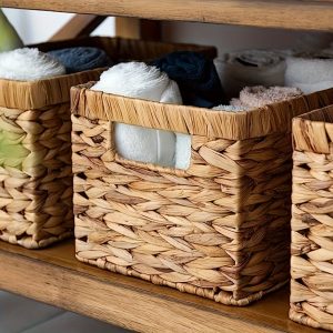 4pcs Water Hyacinth Wicker Baskets with Built-In Handles - Versatile Storage Solution for Home, Office & Dorm Organization, Utility Hooks