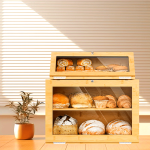 Large double-layer square bamboo bread box - reusable, flip top, wooden kitchen counter storage box with windows