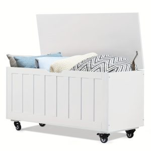 Storage Chest, 39.4'' Wooden Storage Bench With 4 Wheels, Shoe Bench With 2 Safety Hinges, Retro Toy Box Organizer Support 300 Lbs For Bedroom, Living Room, Easy Assembly, White