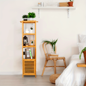 Tall Bamboo Storage Cabinet with 3 Tier Shelves: Modern Bathroom Organizer for Towels, Living Room Storage